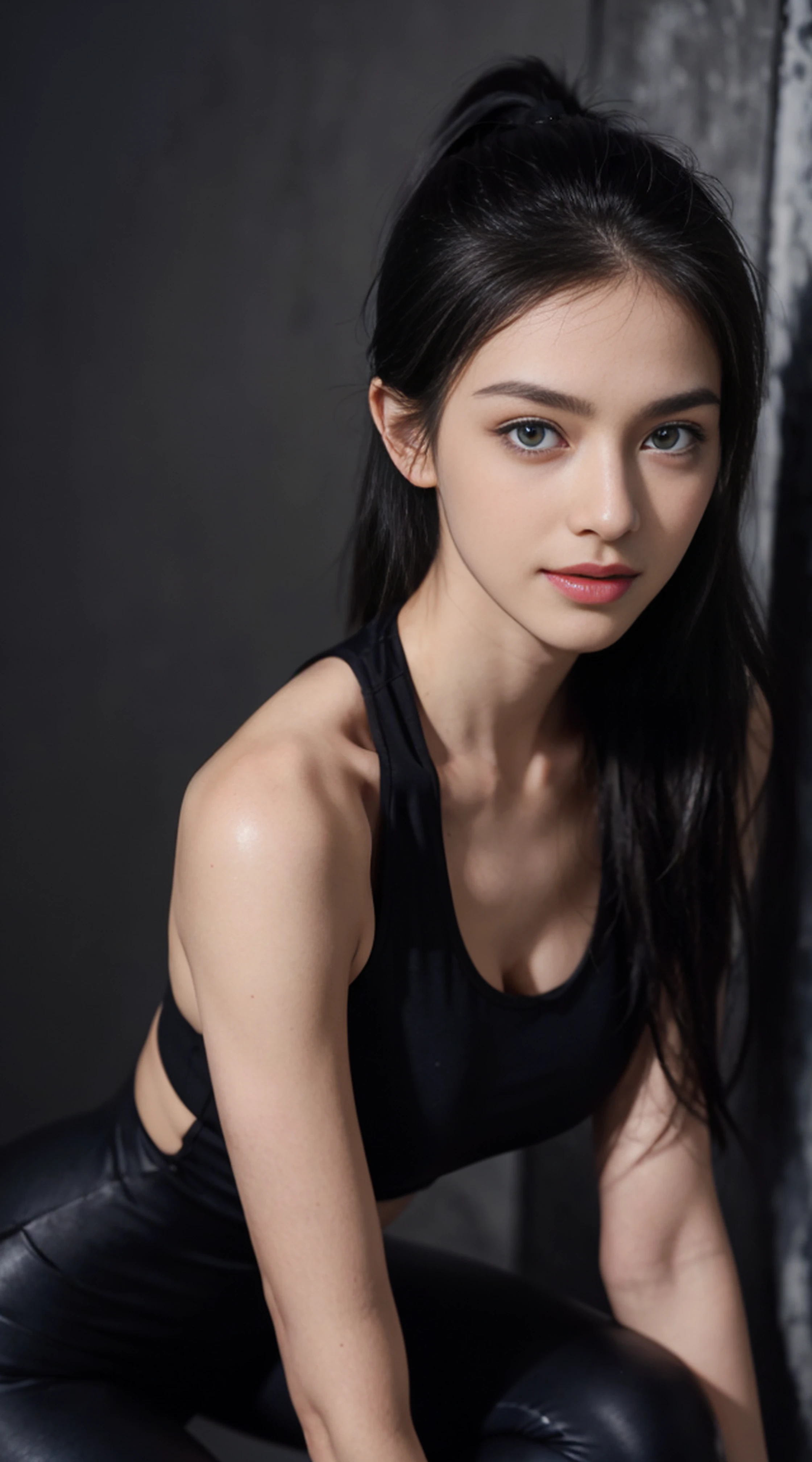 8K, Top Quality, Intricate Details, Ultra Detail, Ultra High Resolution, Masterpiece, random angle, Slender, Smile, (Makeup: 0.4), (Fluffy Blue Eyes: 1.21), blue Eyes, looking at viewer, ((full body)), 1girl, solo, 1 girl, (( full body)), close up shot, , ((tall)), (((fit body))), (((slim face))), sharp face, sharp eyes, (((black hair, )) , (detailed face), sharp face, small lips,
(( )), ((Ripped fitness wear, torn fitness short)), detailed face, detailed breast, , large breast, detail ass, , Beautiful girl with accentuated slender abs: 1.4, Six Pack Abs: 1.4, Bust Botox, Big, Perfect Body, detail leg, (( dark background)), black background,