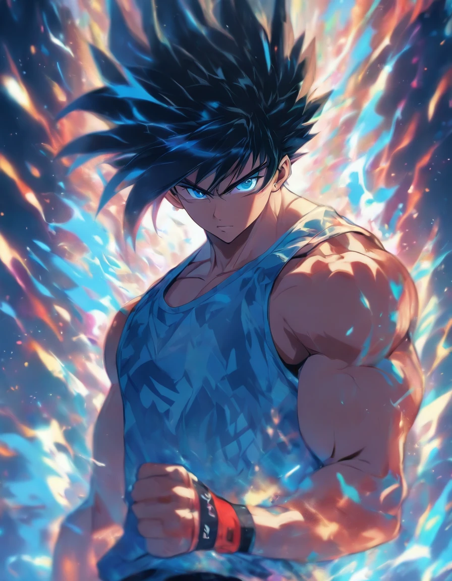 son goku, 1boy, backlighting, black eyes, black hair, blue wristband, closed mouth, dougi, hair strand, hands up, light particles, looking at viewer, male focus, muscular, muscular male, pectorals, smile, solo, spiked hair, upper body, wristband, ((masterpiece))