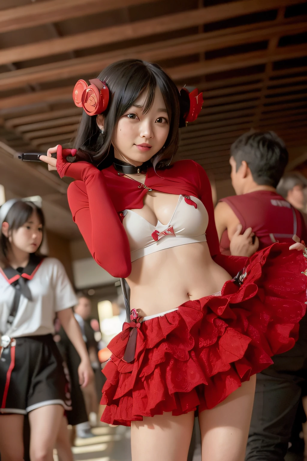 There is a woman in a red dress and a red skirt, Anime girl cosplay, Anime Cosplay, cosplayer, Ayaka Cosplay, Cosplay, cosplay foto, Anime Convention, hot topic anime convention, Anime-style, japanese anime style, cosplayer dressed like a crab, Anime style, professional cosplay, (neotokyo), japanese manga style, Ecchi, full-cosplay、Underpants、Pants exposure、Chest exposed,