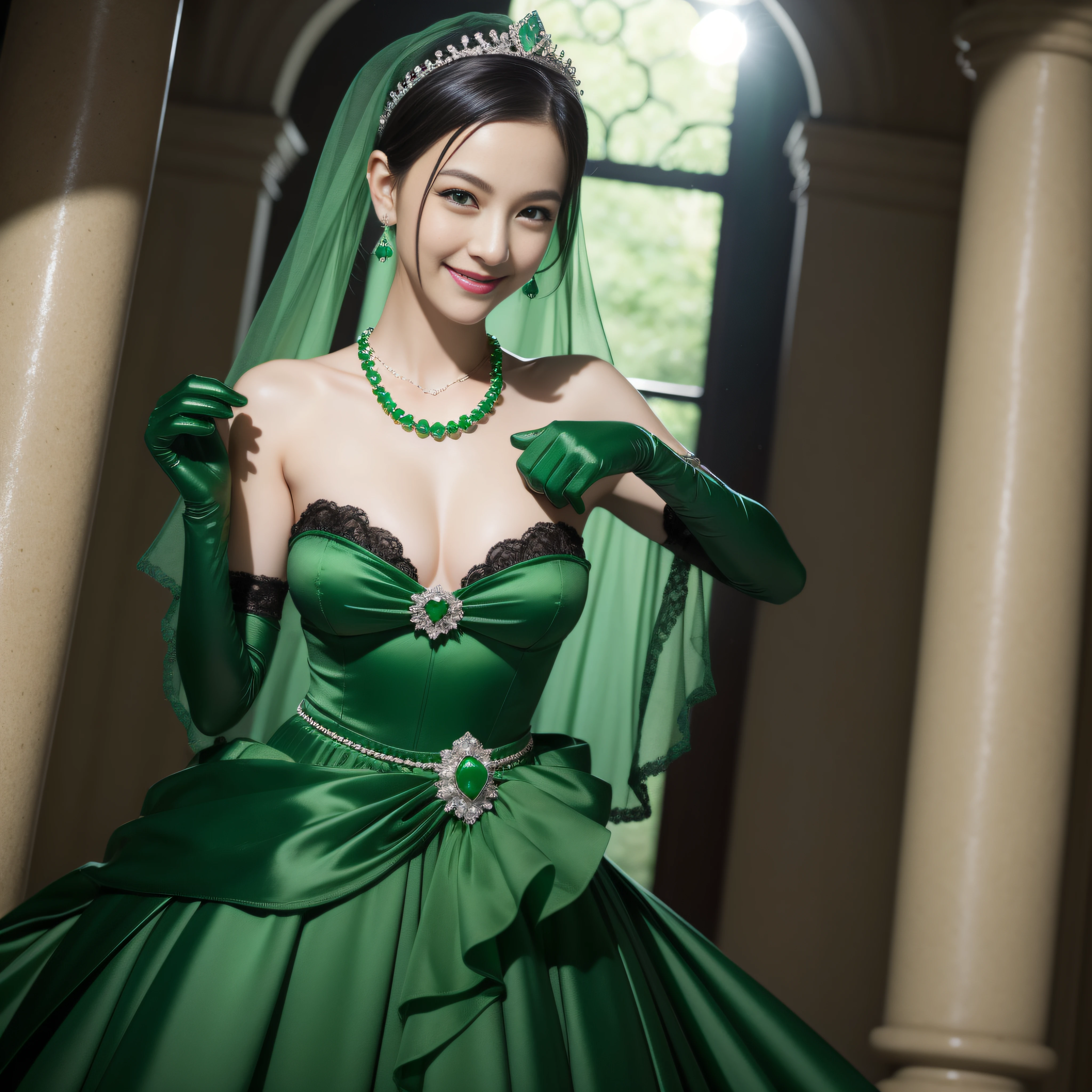 emerald tiara, Green Pearl Necklace, Boyish very short black hair, lipsticks, Japan woman smiling, Long green gloves made of satin material, very short short hair, Guts Pose, Green eyes, big breasts beautiful