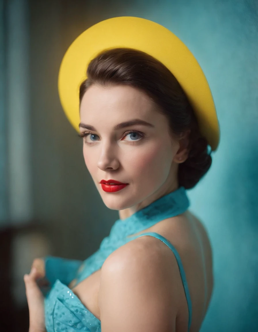 1950s fashion, close up photo, a woman wearing a blue dress, with a yellow lamp near her, in the style of neon and fluorescent light, blocky, transparency, handcrafted designs, 35mm film, upper body