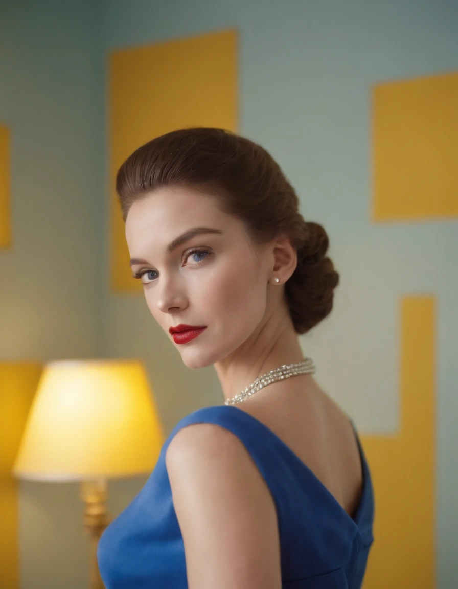 1950s fashion, close up photo, a woman wearing a blue dress, with a yellow lamp near her, in the style of neon and fluorescent light, blocky, transparency, handcrafted designs, 35mm film, upper body