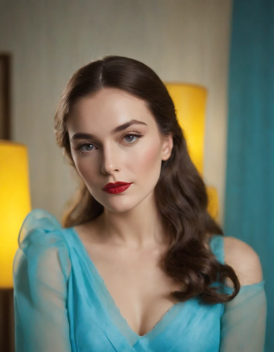 1950s fashion, close up photo, a woman wearing a blue dress, with a yellow lamp near her, in the style of neon and fluorescent light, blocky, transparency, handcrafted designs, 35mm film, upper body