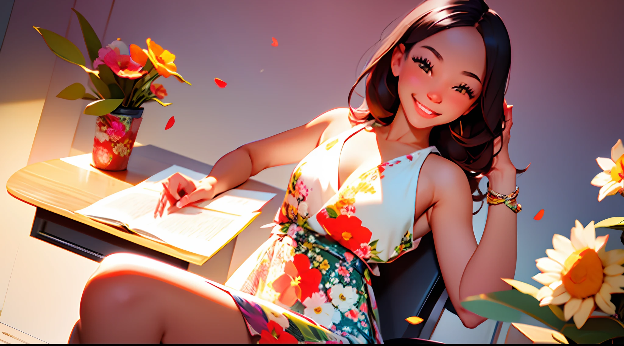 photoRealstic、Sit at your desk and enjoy studying with friends、A smile、up of face、Floral dress、flower petals、season!!: 夏天☀ 🍂