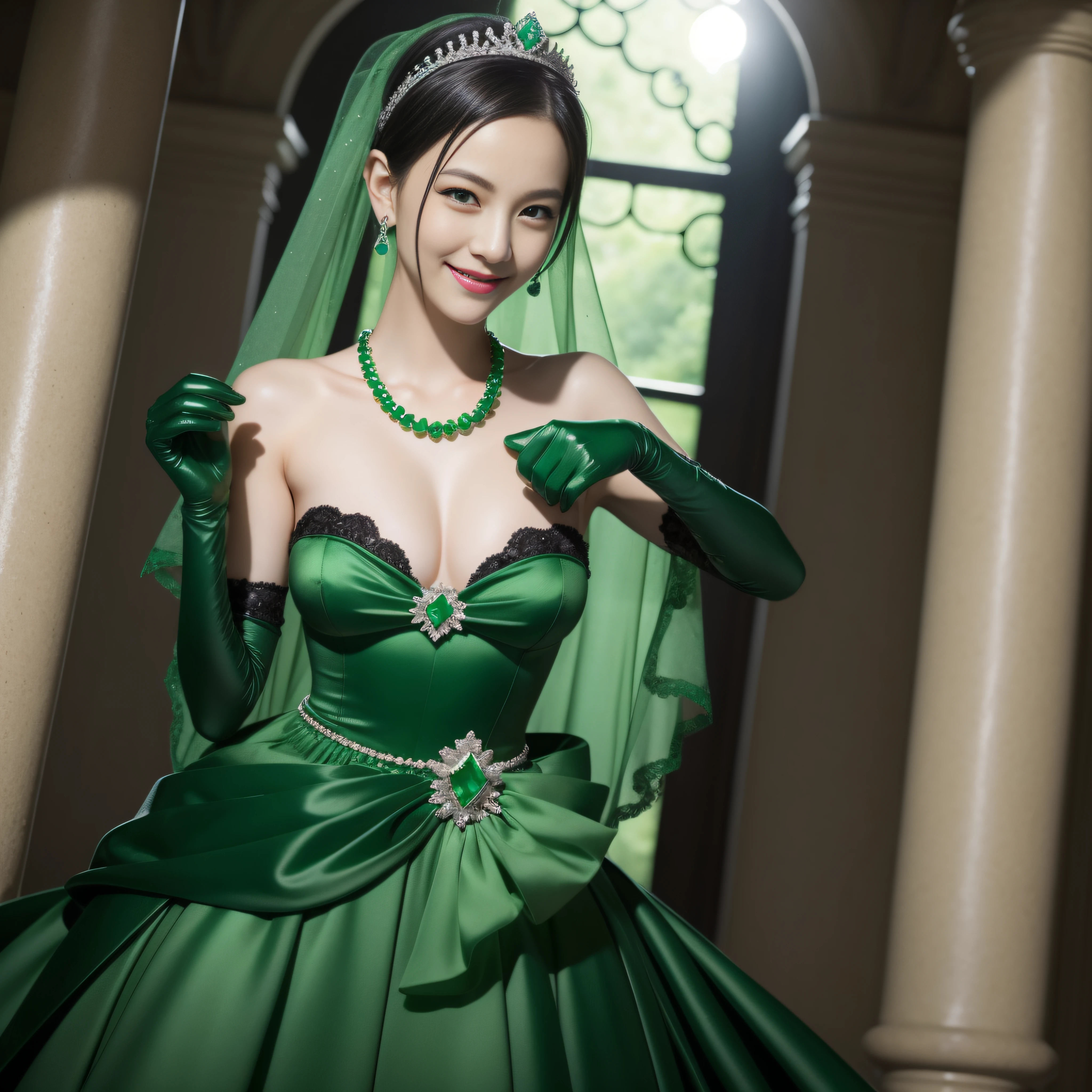 emerald tiara, Green Pearl Necklace, Boyish very short black hair, lipsticks, Japan woman smiling, Long green gloves made of satin material, very short short hair, Guts Pose, Green eyes, big breasts beautiful