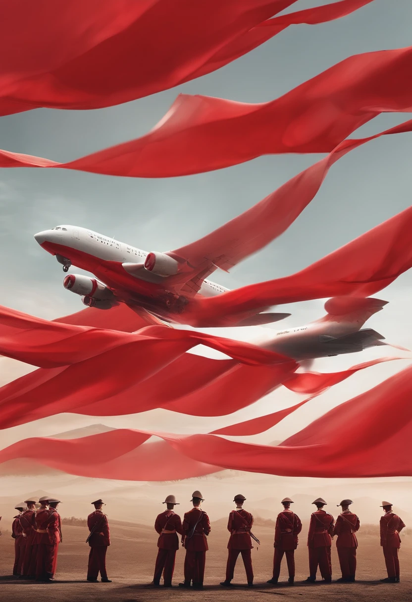 A passenger plane,Below stood Chinese soldiers,There is a five-star red flag next to it,The overall color tone is red,bright