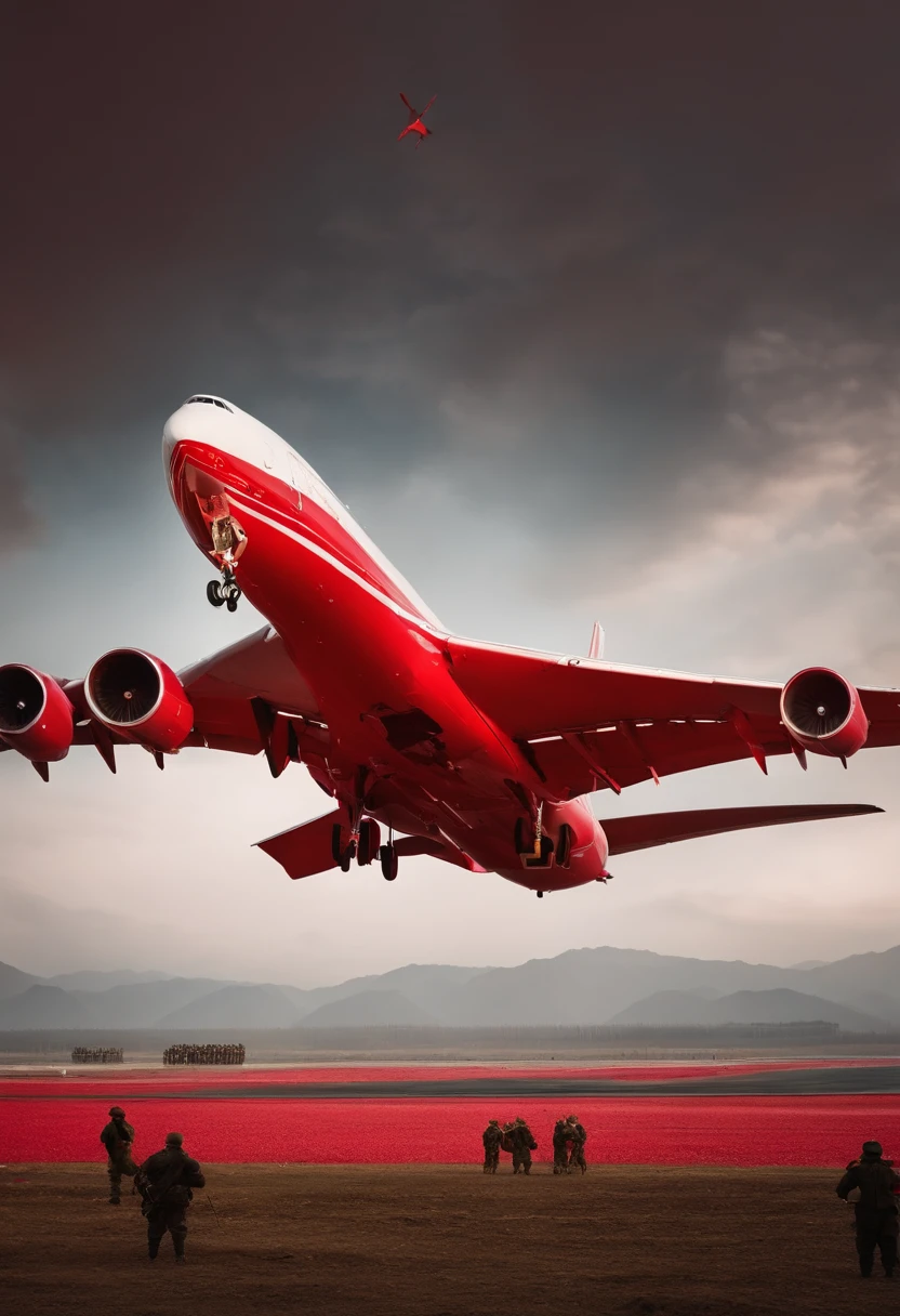 A passenger plane，Below stood Chinese soldiers，There is a five-star red flag next to it，The overall color tone is red，bright