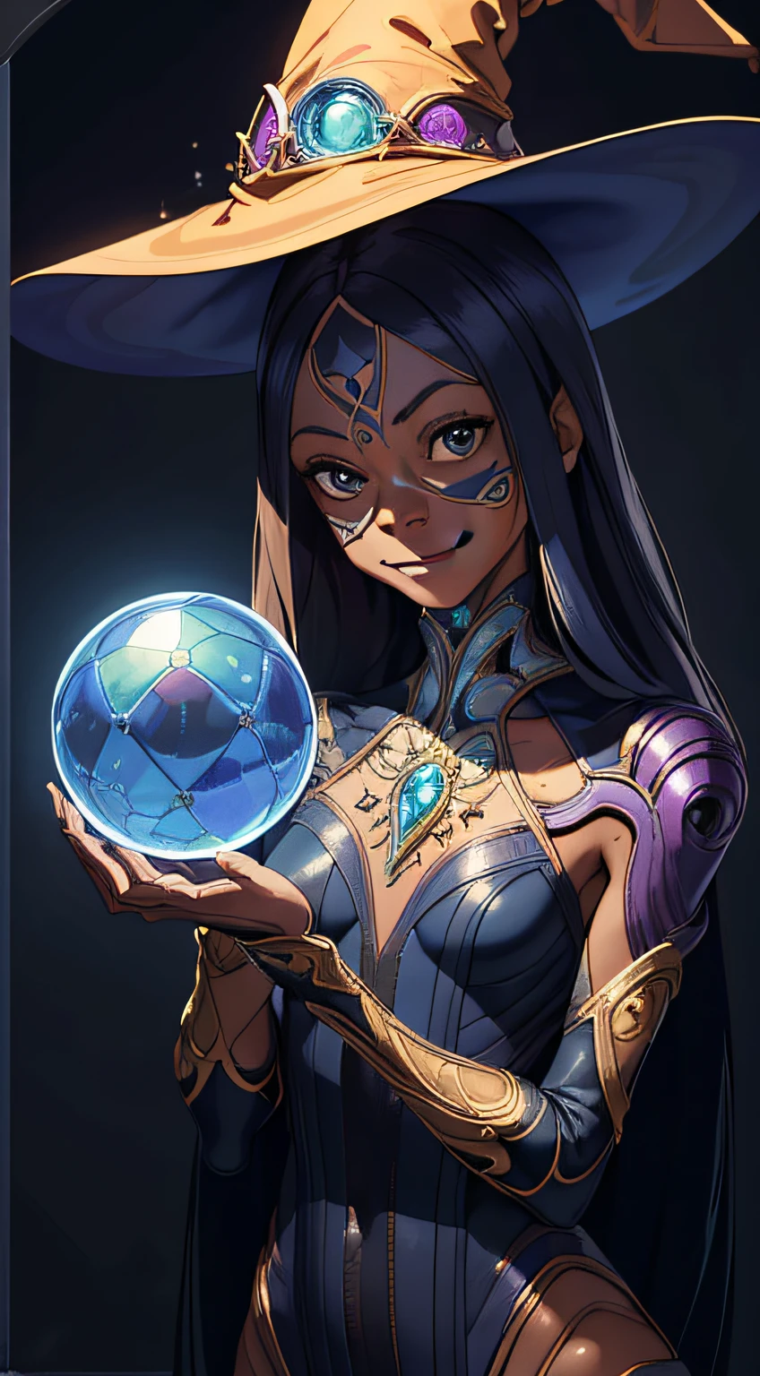 ((masterpiece, best quality)),(complex lighting),line art,solo, smile,1girl,zoe saldana,3 0 years,witch suit,looking into a cristal ball,gront view,intricate,4k