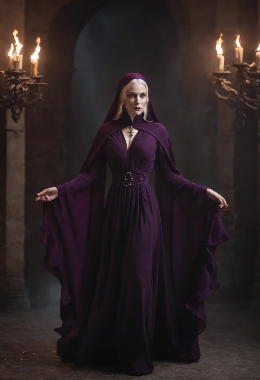 A fullbody ghostly nun, dressed in a long black habit, that purple flame flows around her. Her face is both beautiful and dangerous, with pale skin and dark eyes that seem to glow in the darkness. Her hair is long and flowing, stretching down her back like tendrils of smoke. On her lips, a deep red lipstick adds a touch of color to her otherwise monochromatic appearance. purple flame that dance around her, , she holds a iron chains to contorl the purple flame candelabrum , each link clinking softly as she moves. fantasy, global illumination, backlighting, bloom, ((cold light)), sharp focus, photo realistic, detailed skin, background out of focus, cinematic composition , ultra-detailed, realistic , hyper-realistic , volumetric lighting, 8k, trending on artstation