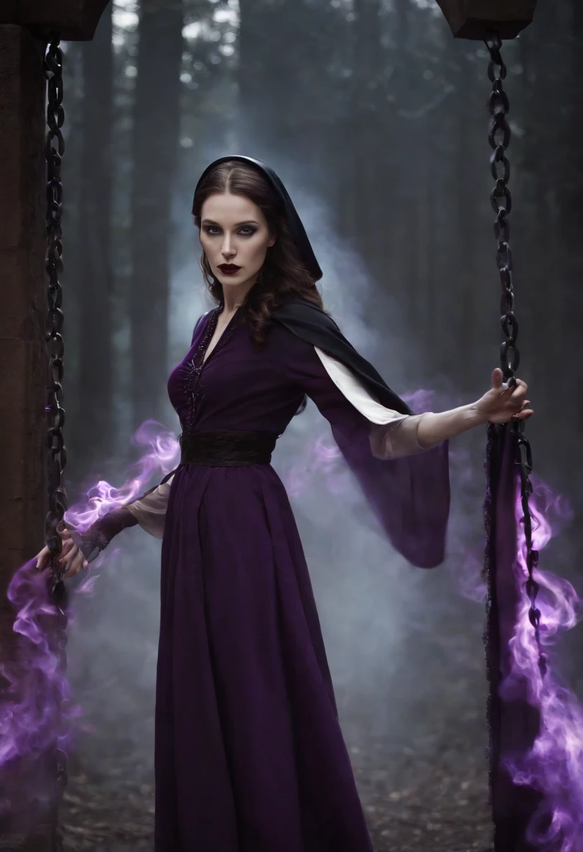 A fullbody ghostly nun, dressed in a long black habit, that purple flame flows around her. Her face is both beautiful and dangerous, with pale skin and dark eyes that seem to glow in the darkness. Her hair is long and flowing, stretching down her back like tendrils of smoke. On her lips, a deep red lipstick adds a touch of color to her otherwise monochromatic appearance. purple flame that dance around her, , she holds a iron chains to contorl the purple flame candelabrum , each link clinking softly as she moves. fantasy, global illumination, backlighting, bloom, ((cold light)), sharp focus, photo realistic, detailed skin, background out of focus, cinematic composition , ultra-detailed, realistic , hyper-realistic , volumetric lighting, 8k, trending on artstation