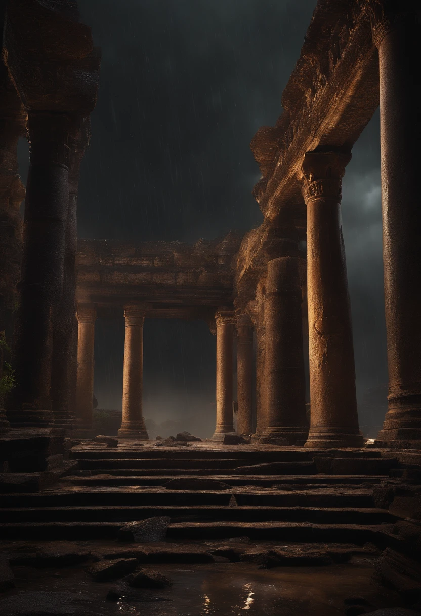 (Best Quality, masutepiece),( dark sky, Heavy rain, Inside the ruined temple, Low water stagnant water, ), Realistic background, 2112, light*_Black_Particle,