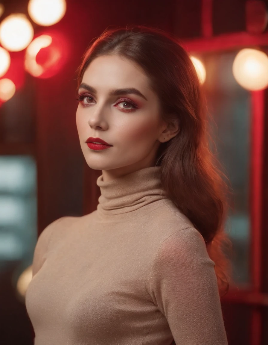 woman with collected hair and flashy makeup, 70s style model pose, turtleneck top, red lights, half length shot, high quality photo, medium shot