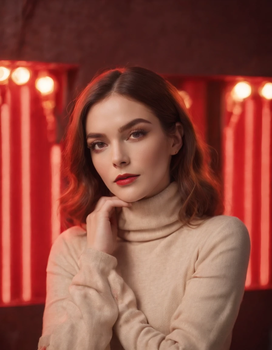 woman with collected hair and flashy makeup, 70s style model pose, turtleneck top, red lights, half length shot, high quality photo, medium shot