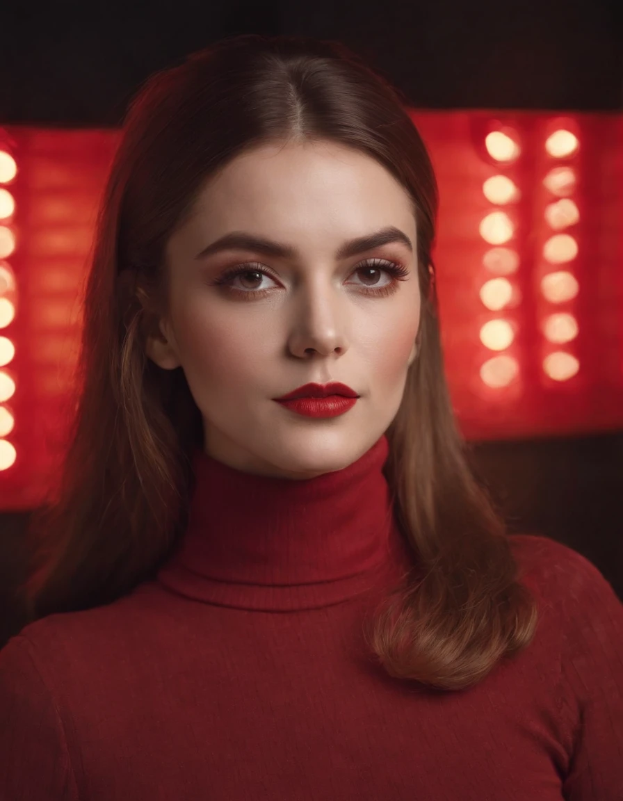 woman with collected hair and flashy makeup, 70s style model pose, turtleneck top, red lights, half length shot, high quality photo, medium shot