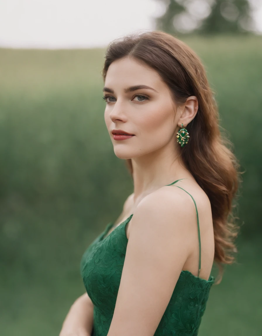 a young woman in a green dress wearing earrings, in the style of uhd image, wollensak 127mm f/4.7 ektar, translucent color, groovy, associated press photo, bold ,fashion photography, flickr,upper body