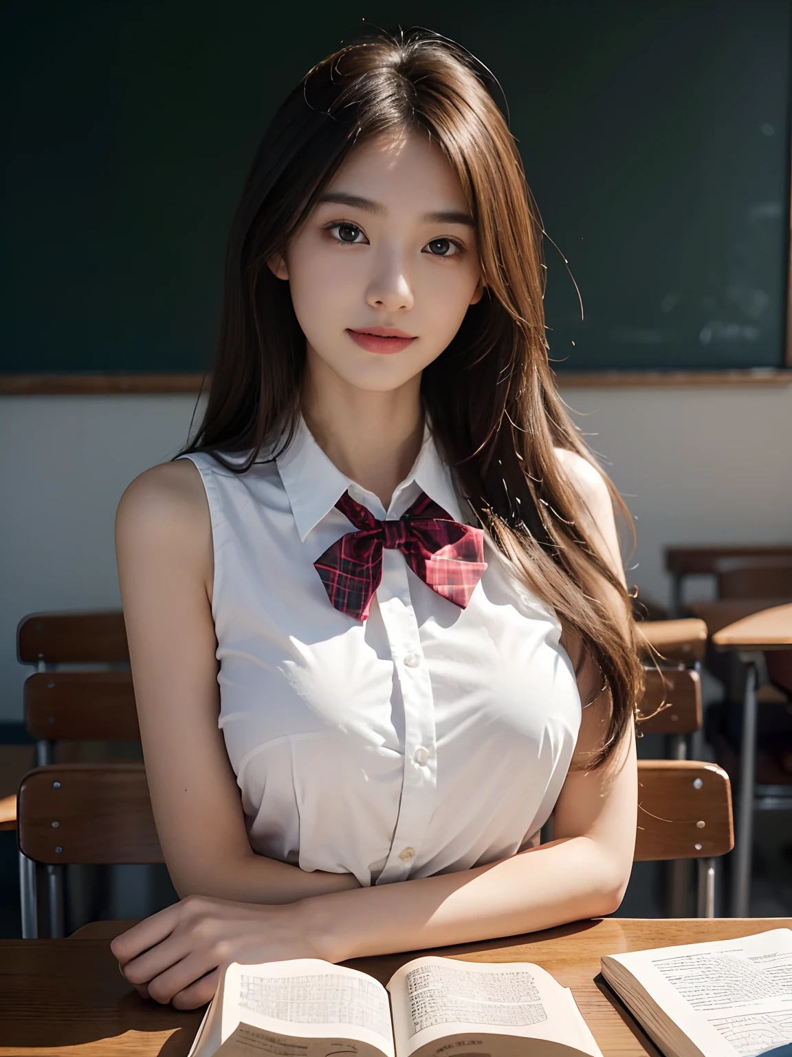 best qualtiy，tmasterpiece，超高分辨率，（真实感：1.4），RAW photogr，1girll，long whitr hair，Face Highlighting，Pure，Girly，Flushing，18yr old，18-year-old smiling female classmate，Pure，Innocent，（best qualtiy，8K，tmasterpiece:1.3），Goose egg face，largeeyes，long eyelasher，Exquisite（live-action realistic style），Star-like eyes，Ultimate face，Photorealistic light and shadow，Clear facial features，Milky white skin，Fair skin， highdetailskin， Realistic skin details， Visible Pore，（Super detail），（perfect bodies：1.1），long whitr hair，（dynamicposes），((Dynamic background((volumettic light：1.3))，‎Classroom，Plaid skirts，red bowtie，huge tit，White color blouse，There was a stack of books on the table，The blackboard is full of mathematical formulas