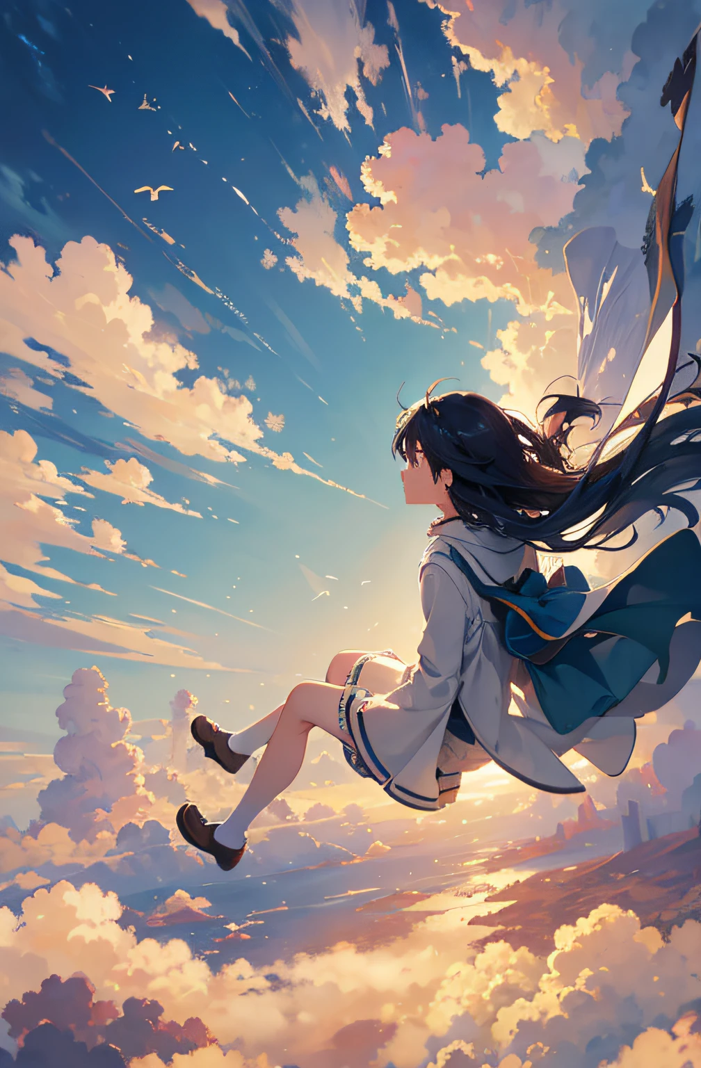 Create exquisite illustrations reminiscent of Makoto Shinkai's style, It has ultra-fine details and top-notch quality, Create illustrations featuring children frolicking freely in a calm sky of enchanting whims and nostalgic. The sky itself exudes an aura of enchantment and nostalgia, Dreamy casting, hazy atmospheres. It serves as their endless playground, Full of surprises and possibilities. When they soar through the air, Their laughter and joy are carried by the breeze, Creating an image of carefree exploration. The clouds above form a picturesque background, Add a dreamy nostalgic quality to your scenes. This moment is、zora々Capture the essence of vibrancy, The magic of flying, Eta、The timeless charm of the sky
