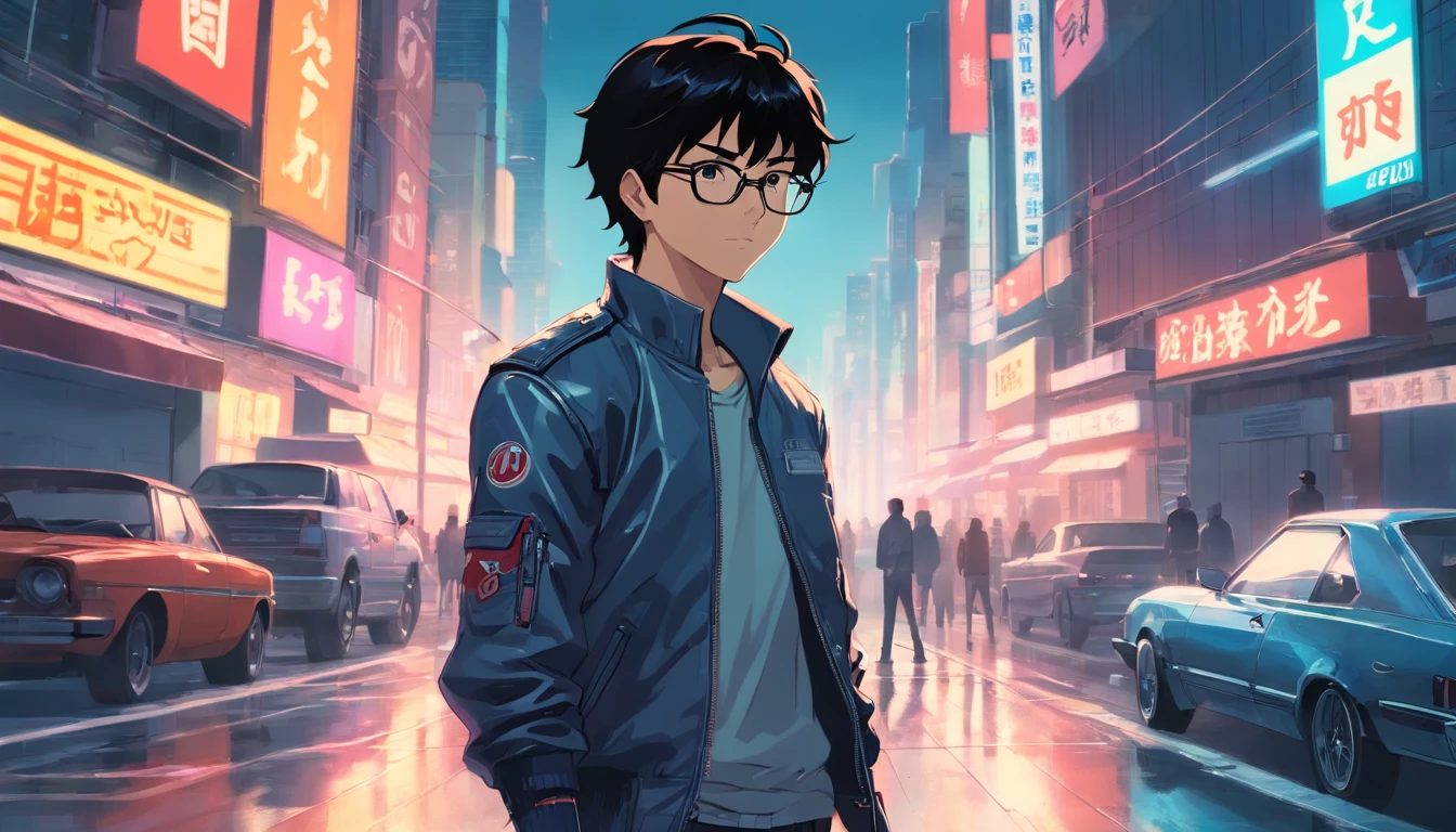 akira, age boy, cool, wearing glasses, retrowave, sportscar behind akira, hands in pocket, wearing leather jacket, has one hand in pocket, black hair, gray monotone background with crytals