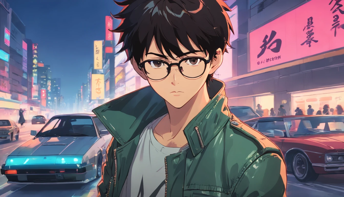 akira, teenage boy, cool, wearing glasses, retrowave, sportscar behind akira, hands in pocket, wearing leather jacket, has one hand in pocket, black hair, gray monotone background with crytals