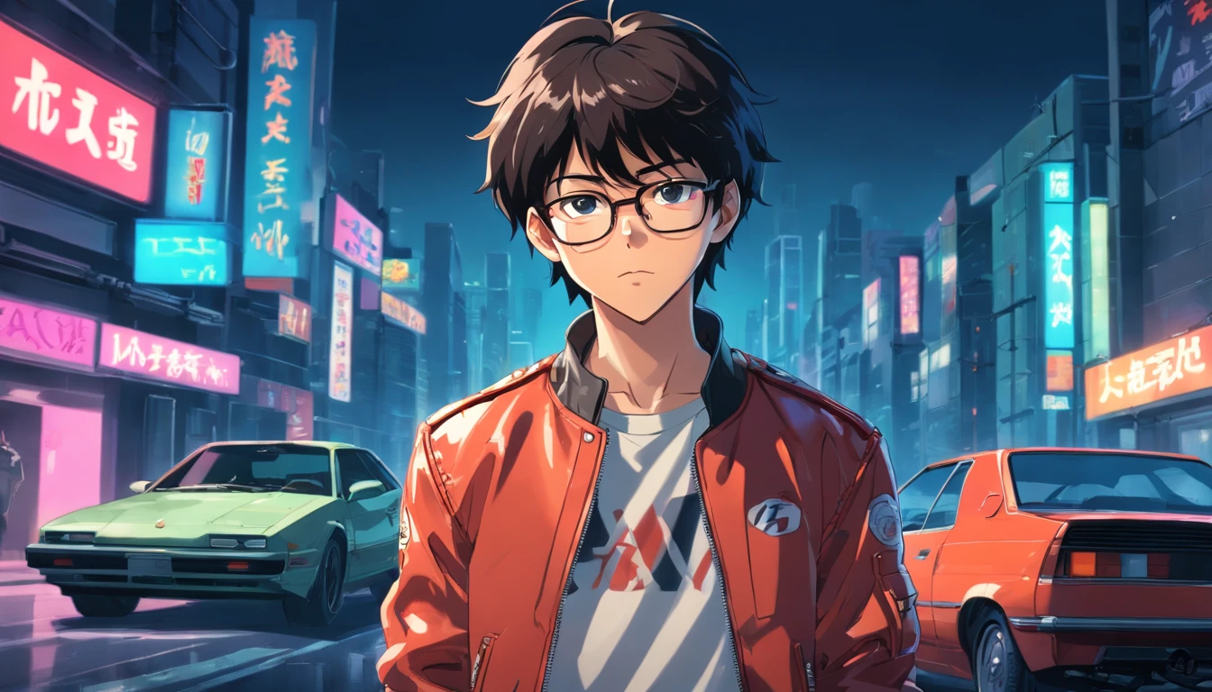 akira, teenage boy, cool, wearing glasses, retrowave, sportscar behind akira, hands in pocket, wearing leather jacket, has one hand in pocket, black hair, gray monotone background with crytals