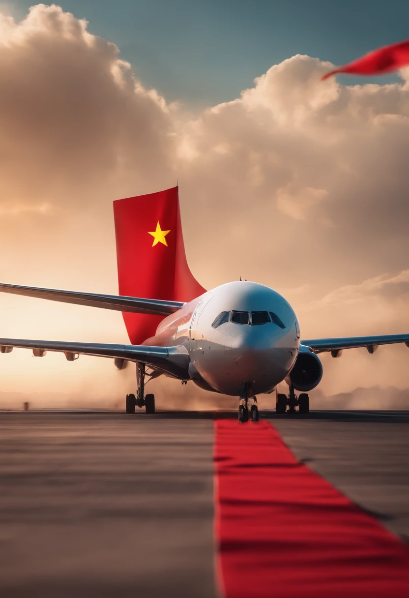 A passenger plane,Below stood Chinese soldiers,There is a five-star red flag next to it,The overall color tone is red,Bright,gleeful