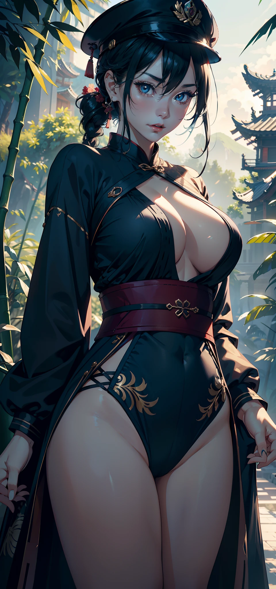 1female，36 years old，熟妇，mature，Bigchest，Big breasts Thin waist，long leges，Raised sexy，Pornographic exposure， 独奏，（Background with：bamboo forrest，clubs） She has short black hair，standing on your feet，seen from the front， hair straight， mostly cloudy sky，（（（tmasterpiece），（Very detailed CG unity 8K wallpaper），best qualtiy，cinmatic lighting，detailed back ground，beatiful detailed eyes，Bright pupils，（Very fine and beautiful），（Beautiful and detailed eye description），Black eyes，Redlip，ultra - detailed，tmasterpiece，）），facing at camera，（The upper part of the body），A high resolution，ultra - detailed），revealing breasts，Bare genitalia，  Bulge，legs are open，sexyposture，Camel toes，Flushed complexion，Open-mouthed，frontage，Chinese Navy，Sailor's cap（Wearing：Blue Hanfu，dynamicposes）Victorian style