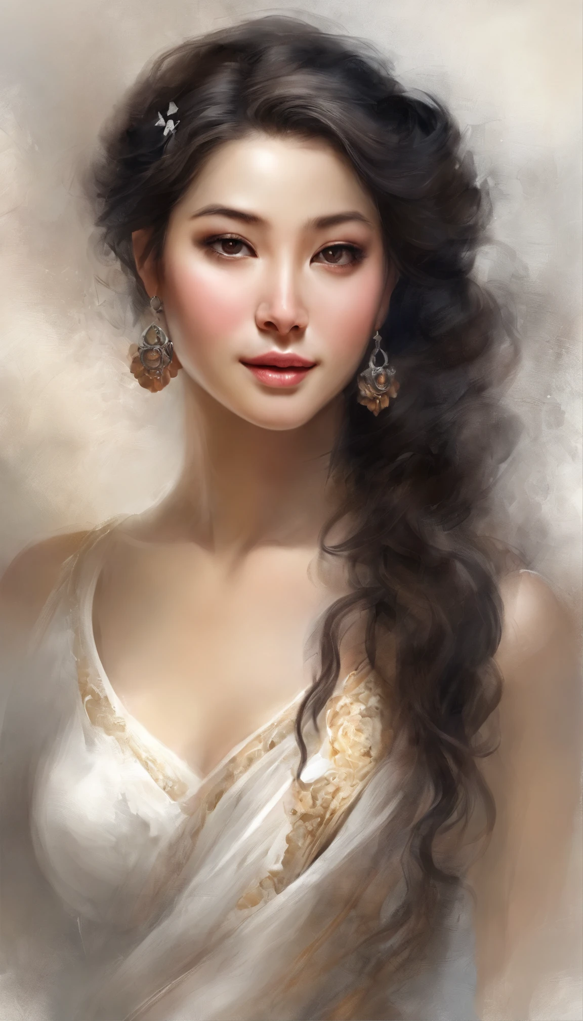 A beautiful Asian goddess,adorable round face,Delicate and elastic skin,Talking with big shining eyes,Two twisted braids,Silky black hair,Stay in the sea,No shoulder strap,One shoulder,white dresses,Lightweight, fluttery material,cropped shoulders,Beautuful Women,Very happy laughter,A shy expression,(Mouth open),White teeth are exposed,Full body appearance,Look up at the perspective,(side lighting ),(cinema4d),(Movie lighting),(Depth of field effect),(Unreal 5),(tmasterpiece),(8K分辨率),photorealestic,realisticlying