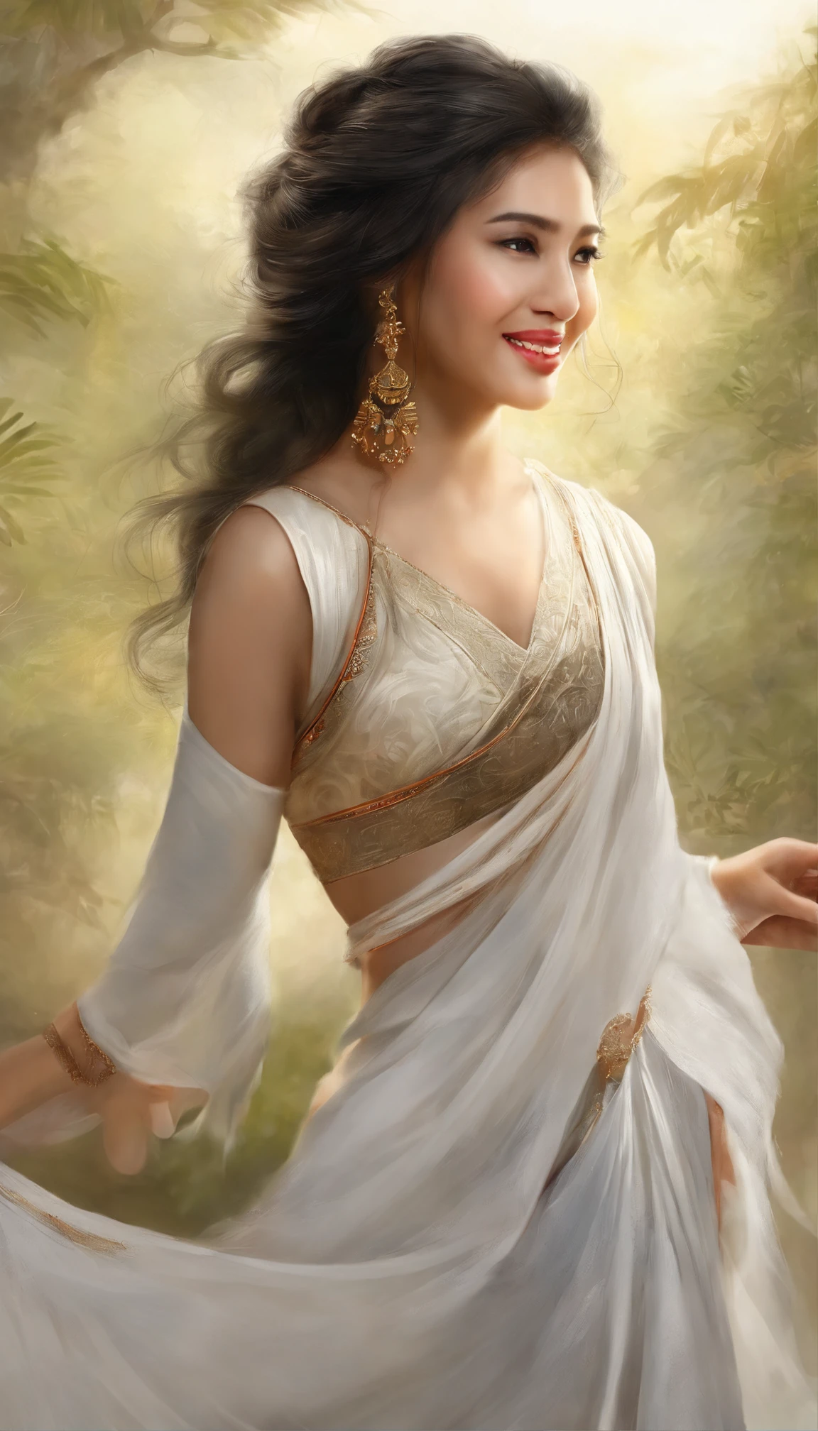 A beautiful Asian goddess,adorable round face,Delicate and elastic skin,Talking with big shining eyes,Two twisted braids,Silky black hair,Stay in the sea,No shoulder strap,One shoulder,white dresses,Lightweight, fluttery material,cropped shoulders,Beautuful Women,Very happy laughter,A shy expression,(Mouth open),White teeth are exposed,Full body appearance,Look up at the perspective,(side lighting ),(cinema4d),(Movie lighting),(Depth of field effect),(Unreal 5),(tmasterpiece),(8K分辨率),photorealestic,realisticlying