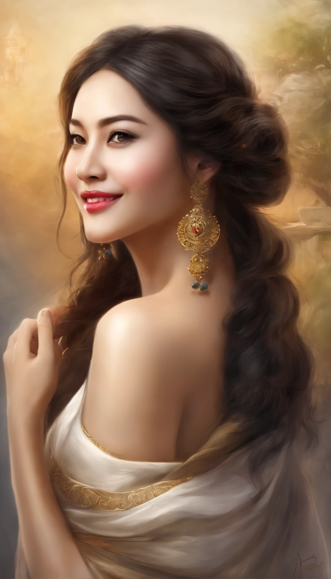 A beautiful Asian goddess,adorable round face,Delicate and elastic skin,Talking with big shining eyes,Two twisted braids,Silky black hair,Stay in the sea,No shoulder strap,One shoulder,white dresses,Lightweight, fluttery material,cropped shoulders,Beautuful Women,Very happy laughter,A shy expression,(Mouth open),White teeth are exposed,Full body appearance,Look up at the perspective,(side lighting ),(cinema4d),(Movie lighting),(Depth of field effect),(Unreal 5),(tmasterpiece),(8K分辨率),photorealestic,realisticlying