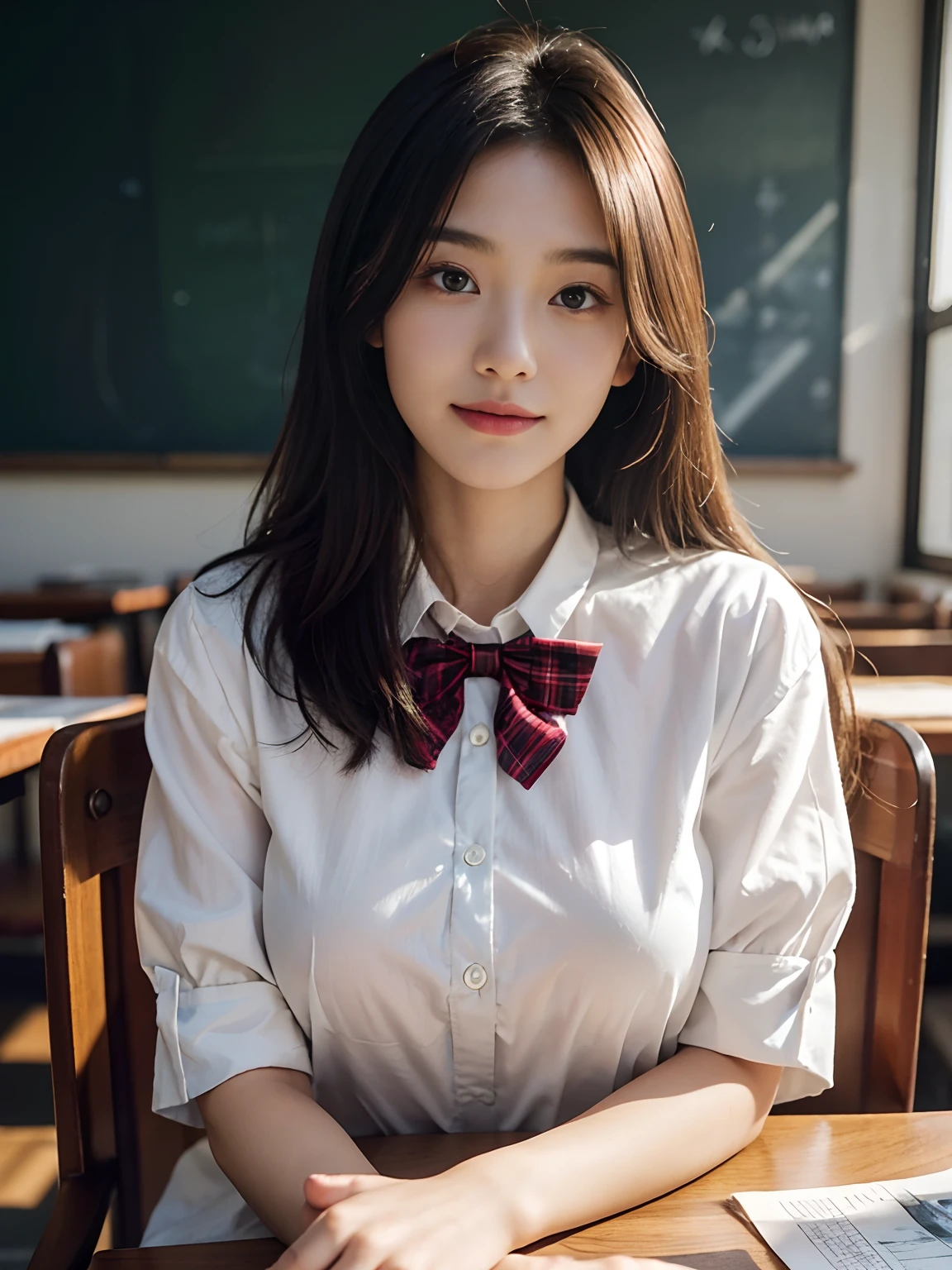 best qualtiy,tmasterpiece,超高分辨率,(真实感:1.4),RAW photogr,1girll,long whitr hair,Face Highlighting,Pure,Girly,Flushing,18yr old,18-year-old smiling female classmate,Pure,Innocent,(best qualtiy,8K,tmasterpiece:1.3),Goose egg face,largeeyes,long eyelasher,Exquisite(live-action realistic style),Star-like eyes,Ultimate face,Photorealistic light and shadow,Clear facial features,Milky white skin,Fair skin, highdetailskin, Realistic skin details, Visible Pore,(Super detail),(perfect bodies:1.1),long whitr hair,(dynamicposes),((Dynamic background((volumettic light:1.3)),Classroom,Plaid skirts,red bowtie,huge tit,White color blouse,There was a stack of books on the table,The blackboard is full of mathematical formulas,The girl sits in a chair