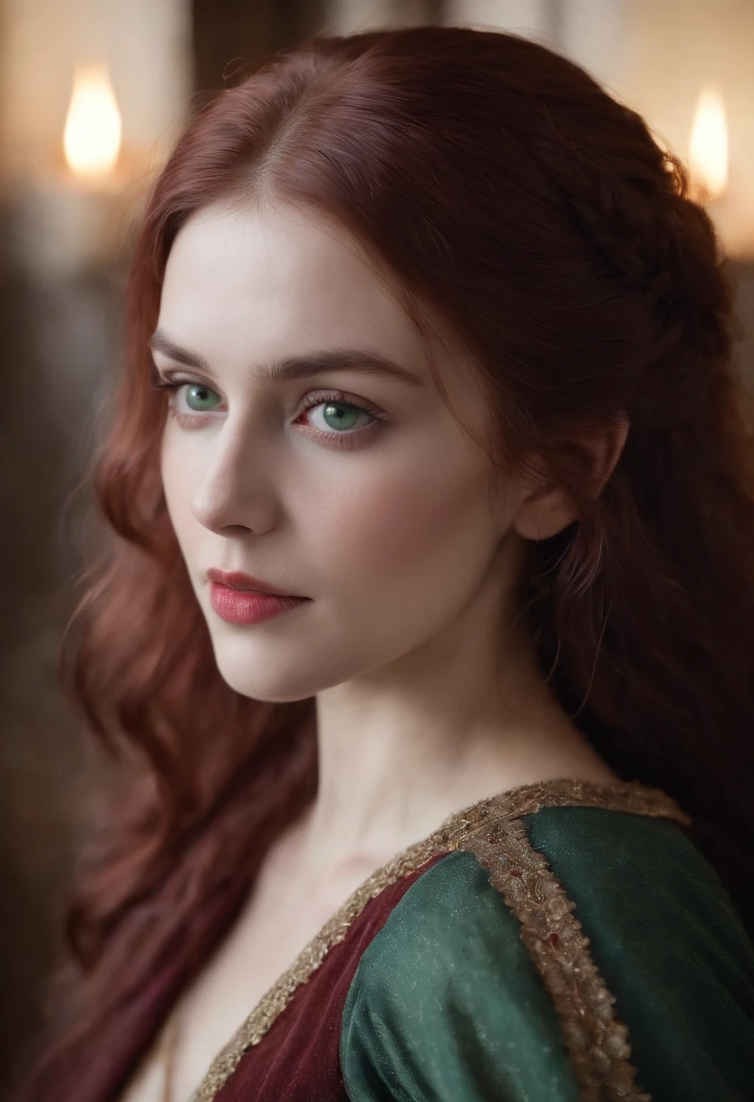(((a deep reddish wound crosses her left cheek))) fair complexion, woman around 19 years old, natural white hair, distinctive green eyes, wearing kohl, slender and graceful, beautiful, candlelight in a medieval setting, ultra sharp focus, realistic shot, medieval female clothes, tetradic colors (scar:1.4)