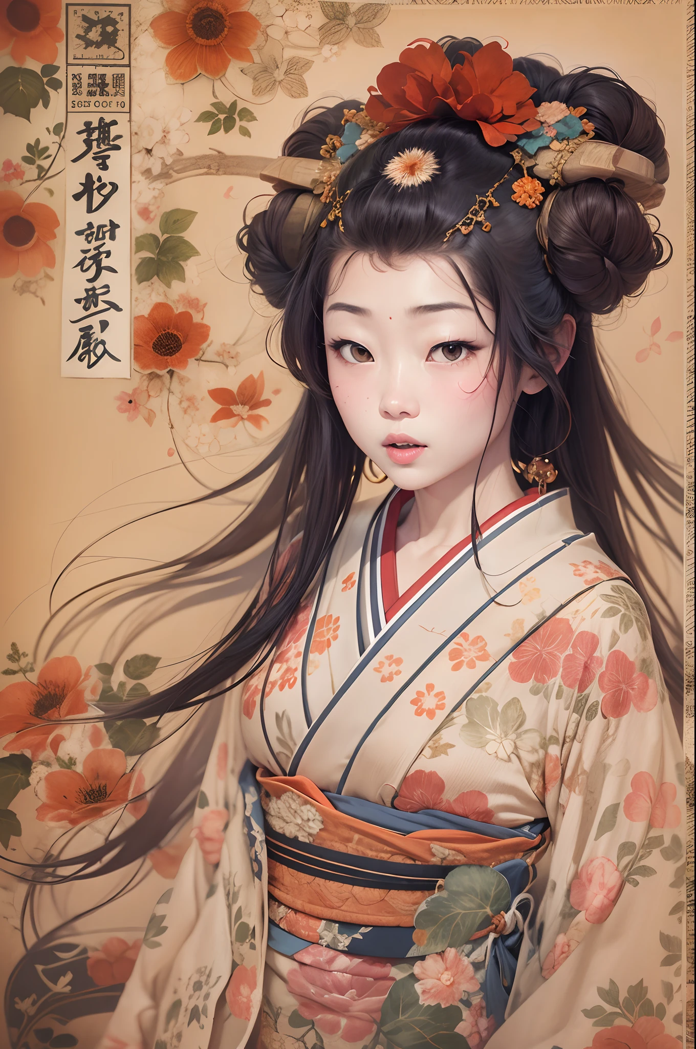 ((nsfw)),Sharaku,Portrait of a woman,it is centered in the middle of the image, some Japanese effects and embellishments scattered throughout the photo