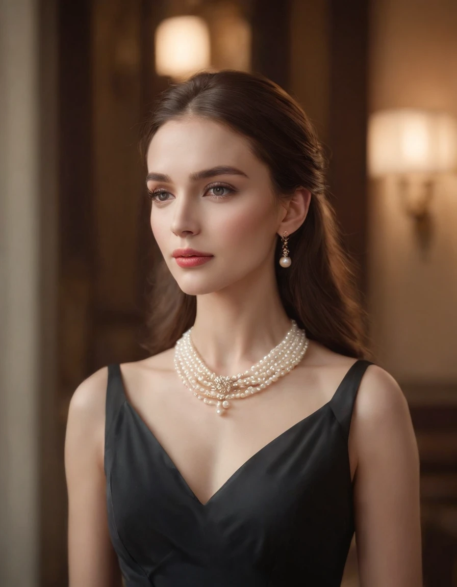 The sexiest beautiful beauty in the world, ellegance, (pearls necklace)，(black color dress), (Gown), (Pearl earring), Cinematic texture, Best quality, Movie poster, Soft lighting, Warm colors,in the style of uhd image, wollensak 127mm f/4.7 ektar，medium close-up
