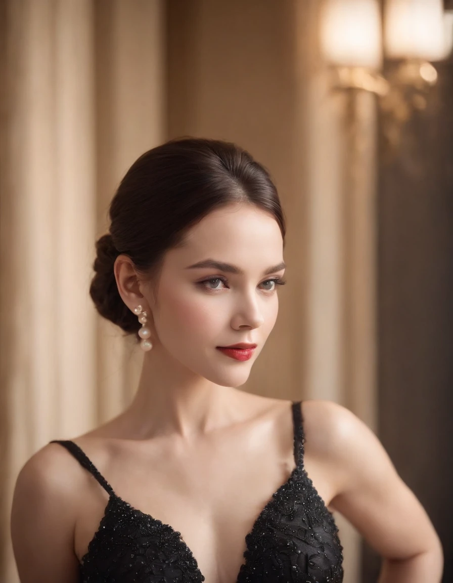 The sexiest beautiful beauty in the world, ellegance, (pearls necklace)，(black color dress), (Gown), (Pearl earring), Cinematic texture, Best quality, Movie poster, Soft lighting, Warm colors,in the style of uhd image, wollensak 127mm f/4.7 ektar，medium close-up