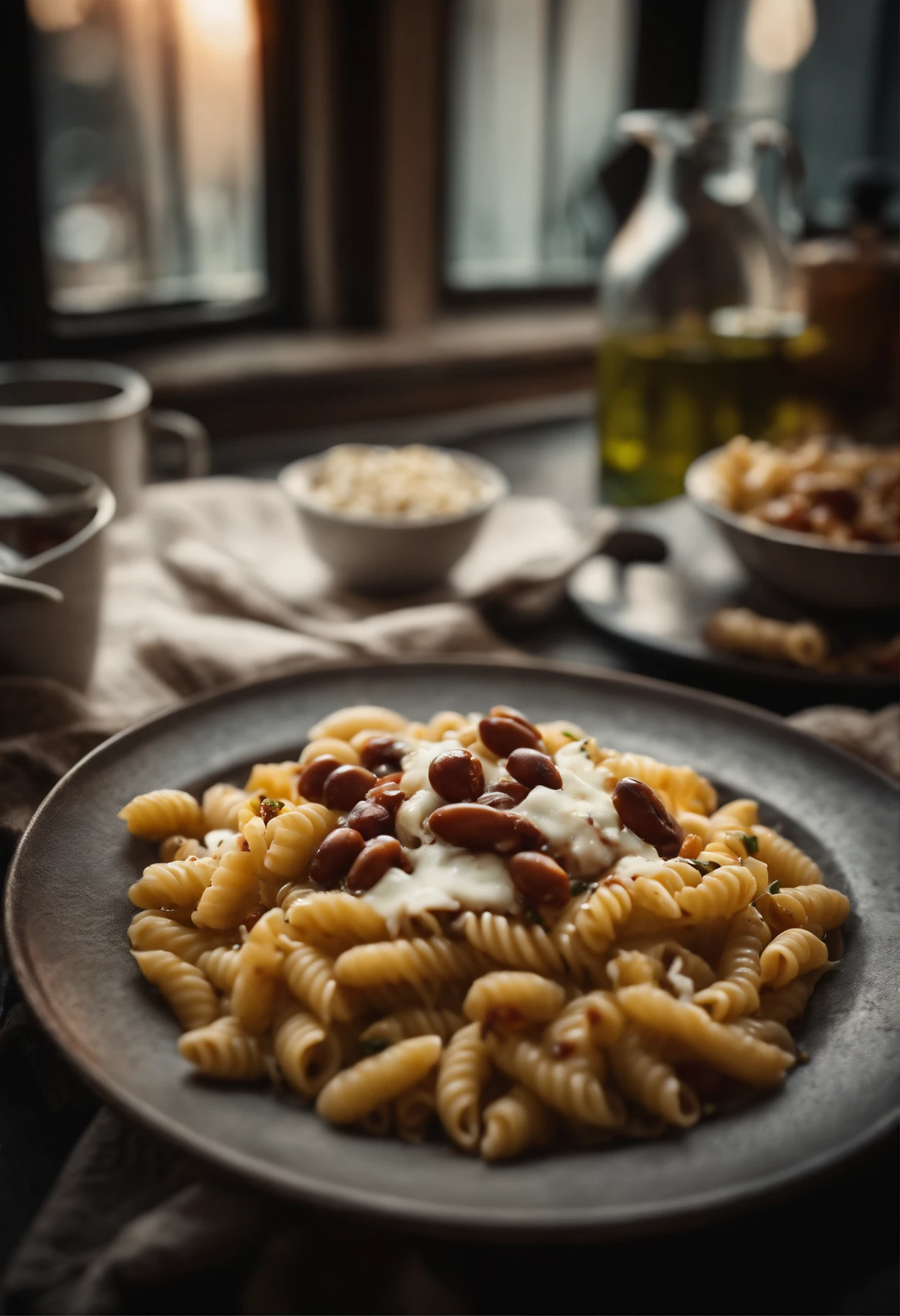 pasta and beans with mozzarella, on table outside