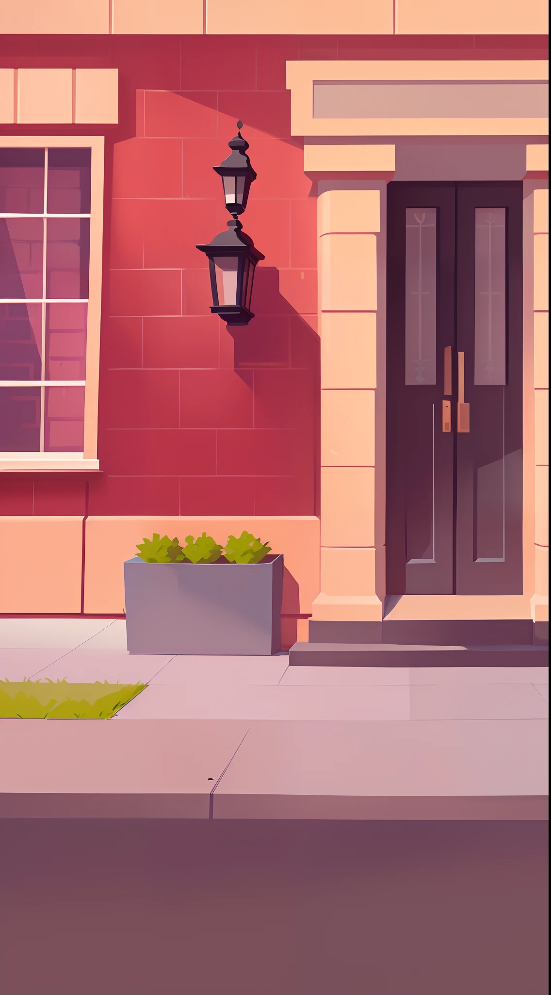 Cartoon illustration on street corner with red brick building and black gate, 2 D game art background, arte de fundo, city street view background, random background scene, 2d game background, fundo de casa, background artwork, 2d game environment design, Detailed 2D illustration, Stylized digital illustration, Cartoon style illustration, 2d game asset, Street background