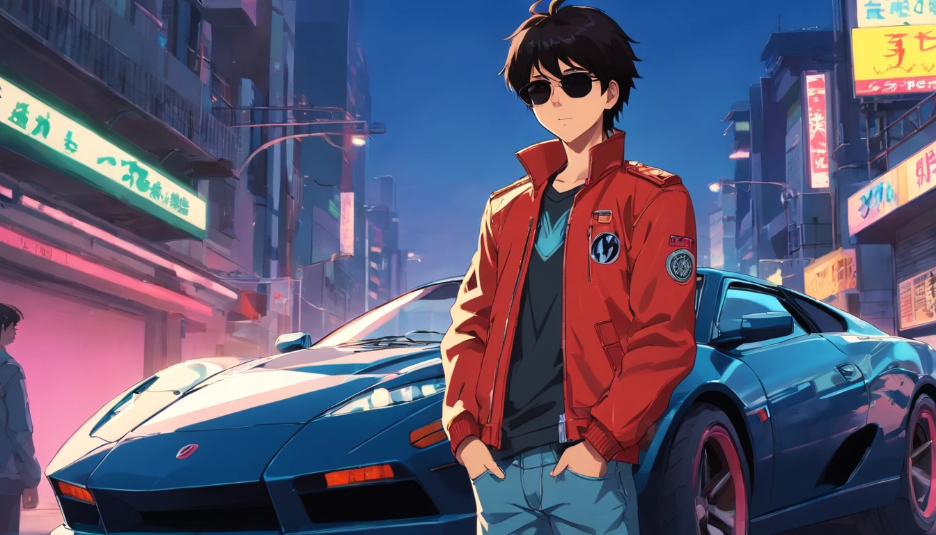 akira, teenage boy, cool, wearing sunglasses, retrowave, standing infront of a sportscar parked diagonally to his character, hands in pocket, wearing leather black jacket with red stripes, has one hand in pocket, black hair, gray monotone background with crytals