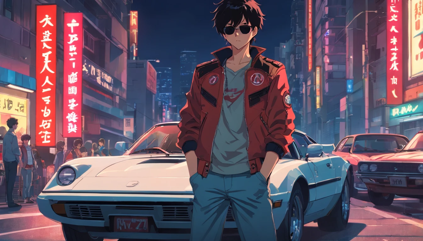 akira, teenage boy, cool, wearing sunglasses, retrowave, standing infront of a sportscar parked diagonally to his character, hands in pocket, wearing leather black jacket with red stripes, has one hand in pocket, black hair, gray monotone background with crytals