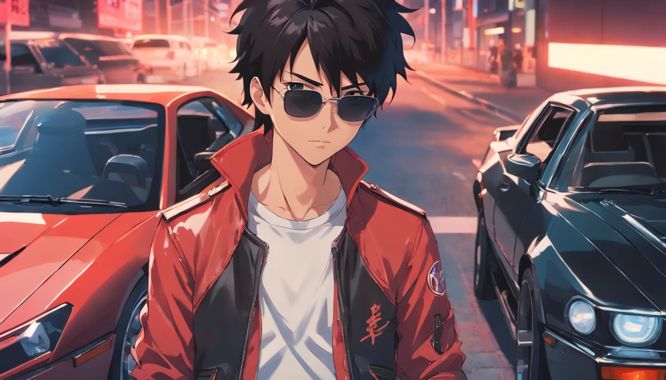 akira, age boy, cool, wearing sunglasses, retrowave, standing infront of a sportscar parked diagonally to his character, hands in pocket, wearing leather black jacket with red stripes, has one hand in pocket, black hair, gray monotone background with crytals