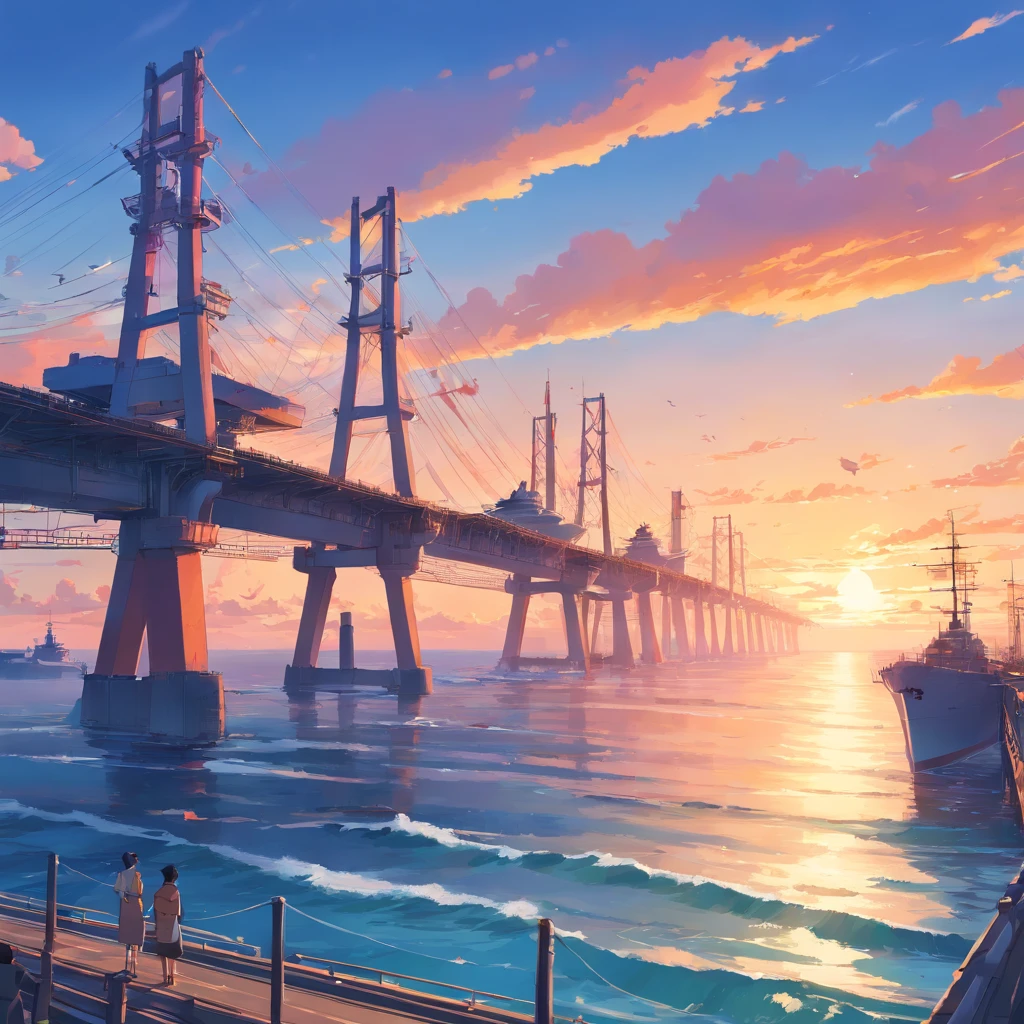 8K, best quality, masterpiece, scenery,Pier,Wharf, sea, seaside, power poles, long stone bridges extending into the sea, panoramic view, a f15 tomcat plane flying . aircraft carrier in background,Blue sky, sunset, evening, reefs by the sea