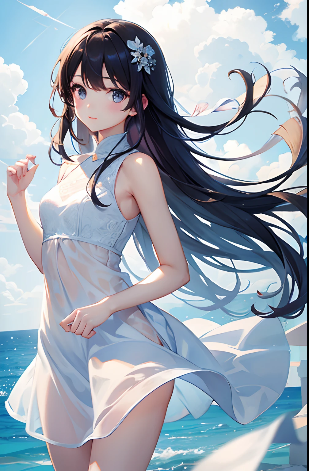 absurdres, RAW photo, extremely delicate and beautiful, masterpiece, Best Quality, ultra high resolution, 32k, hyperrealistic, ultra-detailed, perfect anatomy, super Detailed skin, perfect figure, Japanese woman, late 20s, very Slim body, narrow waist, very small head, handsome detailed woman, very detailed eyes and face, realistic face proportions, Stunning detailed eyes, Realistic beautiful face, very small face, Realistic small beautiful eyes, tearful mole, earring, beautiful and very thin legs, beautiful and very thin thighs, ((very huge round breasts)), medium hair, black hair, sweat, (full body shot), sleeveless, bare arms, bare legs, Collarbone, ((cheongsam)), outdoor,