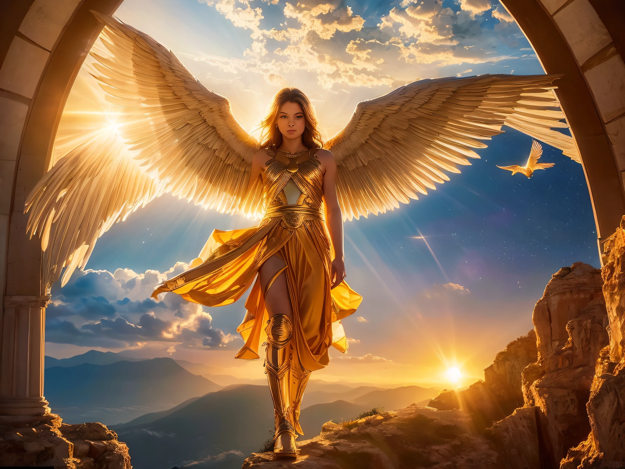 Stunning depiction of Arch Angel Michael soaring through the sky, with impressive biblically accurate wings, a radiant halo, bathed in the golden glow of a breathtaking sunrise, surrounded by the ethereal beauty of solar rays.