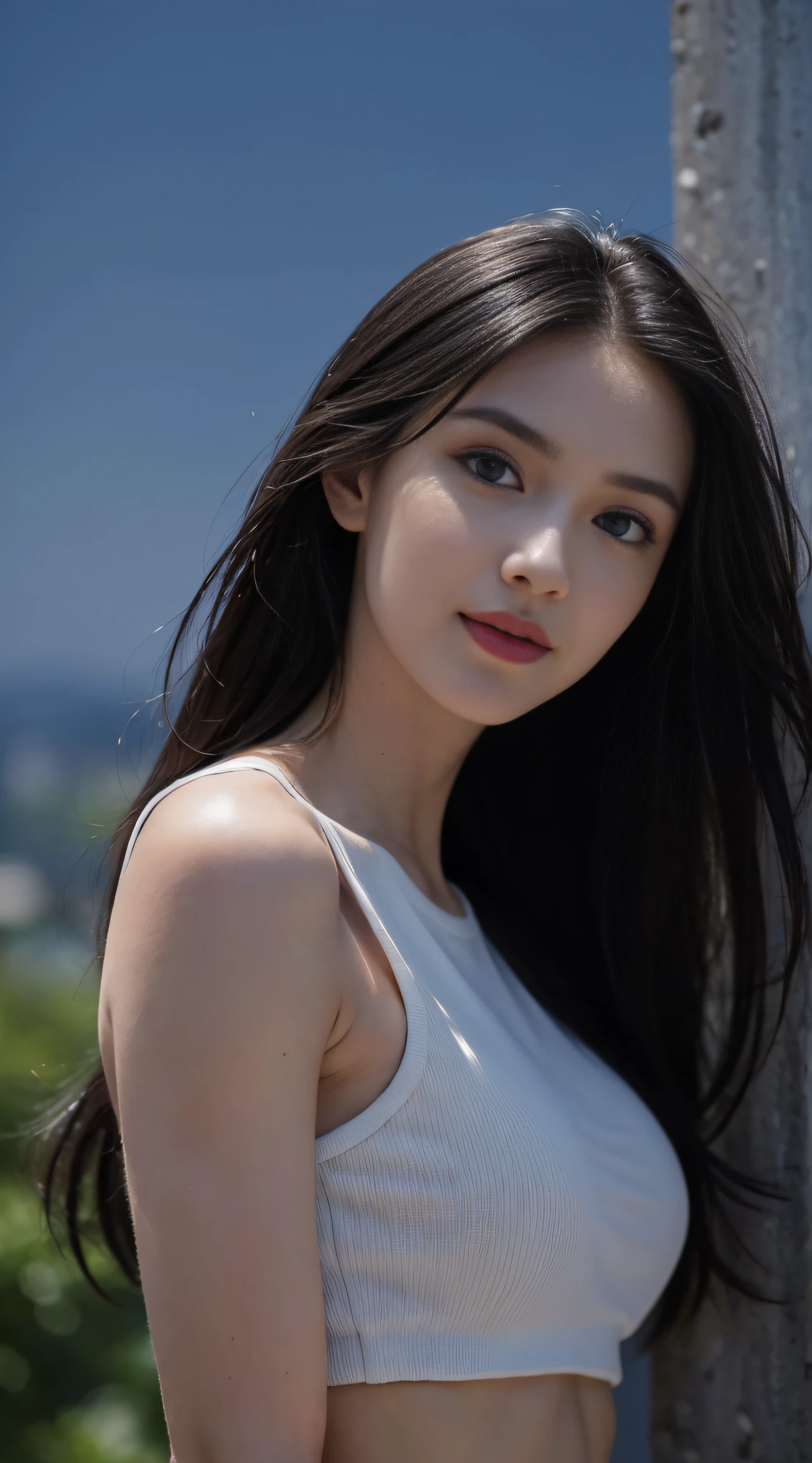 ((top-quality、8K、tmasterpiece:1.3、Authenticity 1.4))、Twenty years old、Long gray hair、Focus Clear:1.2、Beautiful woman with perfect style:1.4、Slim abs:1.2、((dark brown hair、Colossal tits:1.2))、street:1.2、Highly Detailed Face and Skin Textur、詳細な目、二重まぶた、The same person、longer sleeves、Chest cover