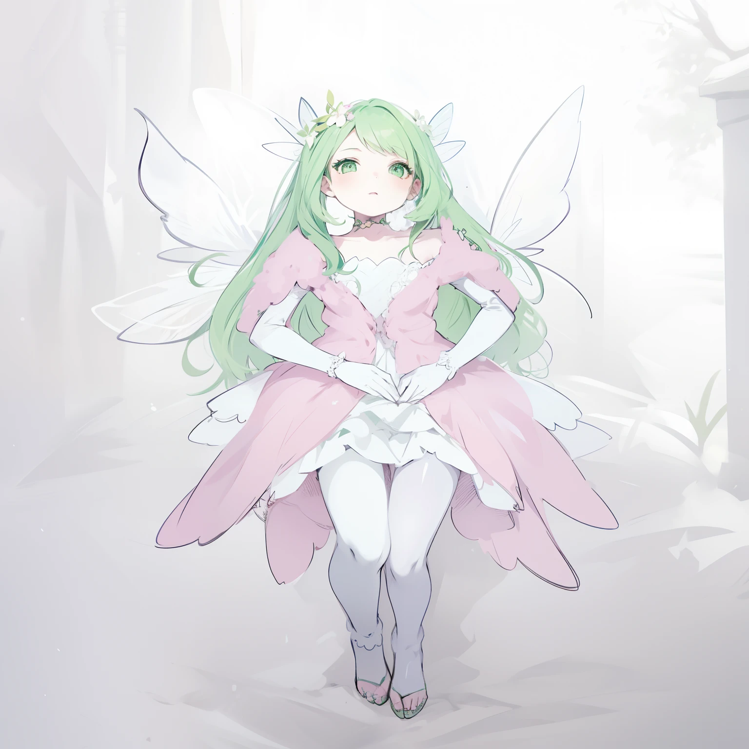 fairy, green hair, green eyes, pink outfit, lovely face, slim body, wings