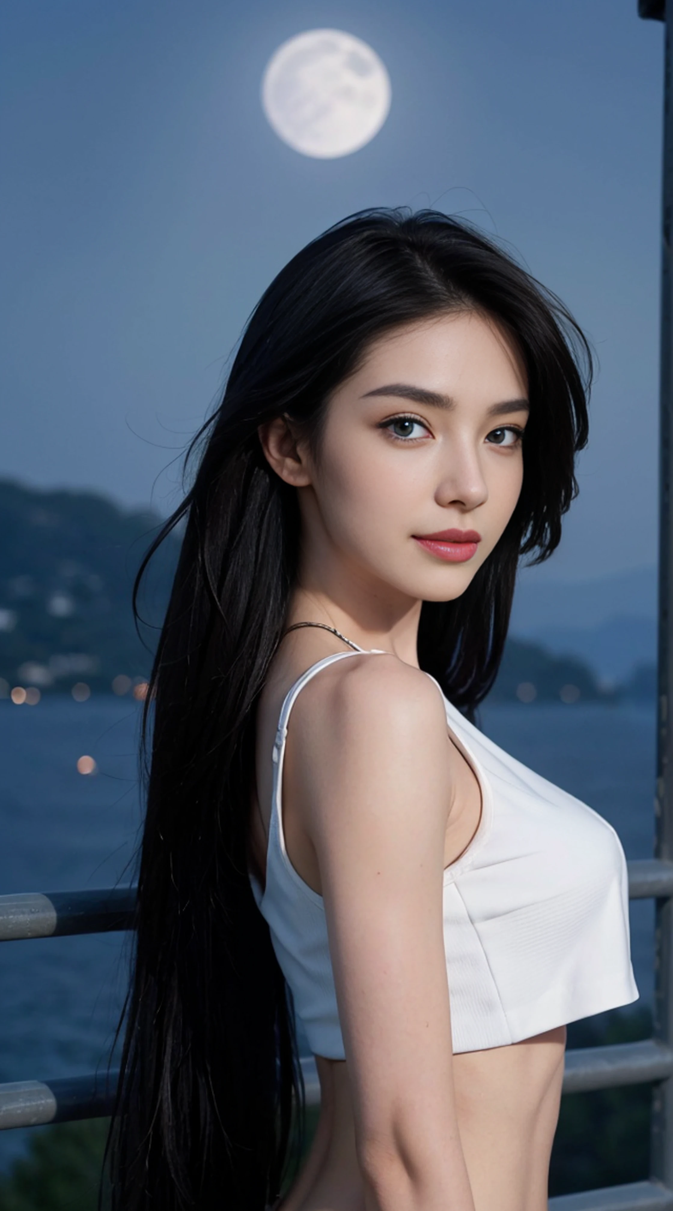 8K, Top Quality, Intricate Details, Ultra Detail, Ultra High Resolution, Masterpiece, random angle, Slender, Smile, (Makeup: 0.4), (Fluffy Blue Eyes: 1.21), blue Eyes, looking at viewer, ((full body)), 1girl, solo, 1 girl, (( full body)), close-up shot, standing , ((tall)), (((fit body))), (((slim face))), sharp face, sharp eyes, (((black hair, long hair, )) (detailed face), sharp face, small lips,
((crop top)), detailed face, detailed breast, , large breast, detail ass, , Beautiful girl with accentuated slender abs: 1.4, Six Pack Abs: 1.4, Bust Botox, Big, Perfect Body, detail leg, (( moonlight)), top of mountain