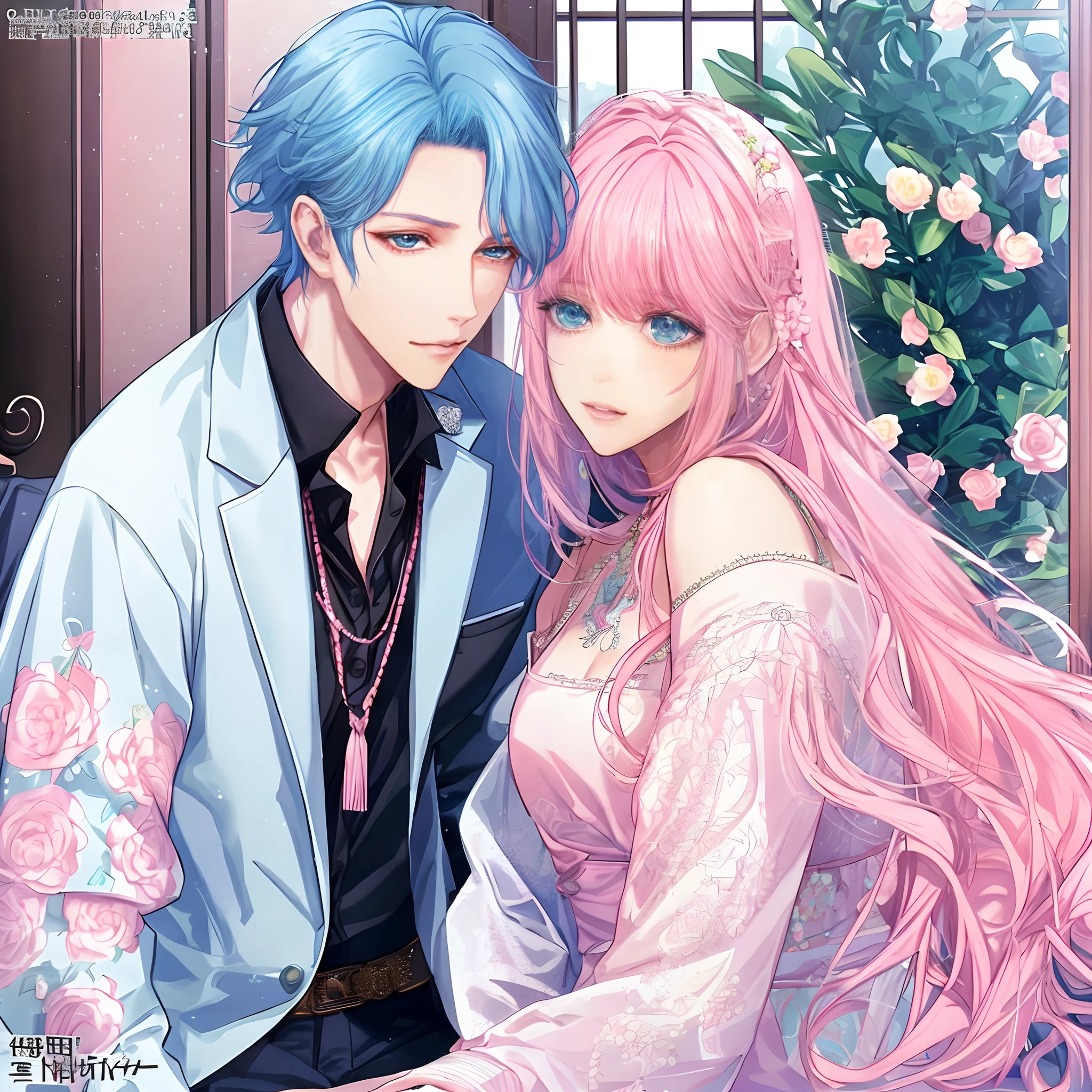 ((Male and female couples)), window, Idol Photos, Magazine covers, Photos of actors, Professional Photos, Height difference, tall male, Happiness, youthfulness, extra detailed face, detailed punk hair, very detailed character, inspired by Sim Sa-jeong, Cai Xukun's, detailed realistic faces, highly detailed realistic face, high detailed face anime, realistic detailed face, Accurate detailed face, attractive androgynous humanoid, Cool Korean fashion in black, ((With a man with light blue hair)), ((Woman with pink hair)), ((Woman with long hair below waist)), ((Man with short hair over ears)), ((Pink hair woman with gentle expression)), ((Man with light blue hair with wild expression)), high-level image quality, ​masterpiece, Photographed so that the whole body can be seen, Photographed to make clothes look beautiful, Take your eyes off, ((two individuals)), ((British couple))