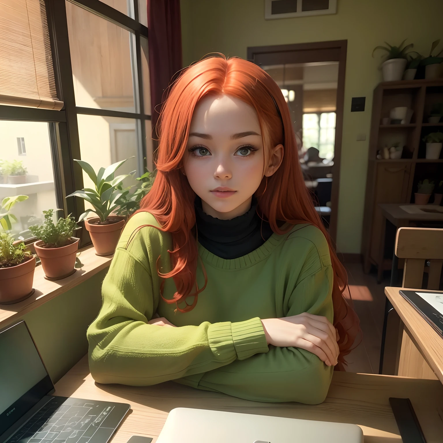 There is a girl with red hair, sitting at a table, curly hair, houseplants, handsome girl, green clothing, at home