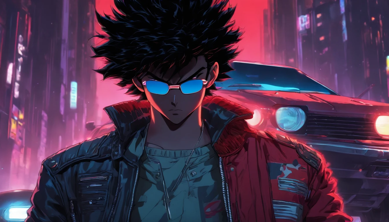 akira, teenage boy, cool, wearing sunglasses, retrowave, standing infront of a sportscar parked diagonally to his character, hands in pocket, wearing leather black jacket with red stripes, has one hand in pocket, black hair, gray monotone background with crytals