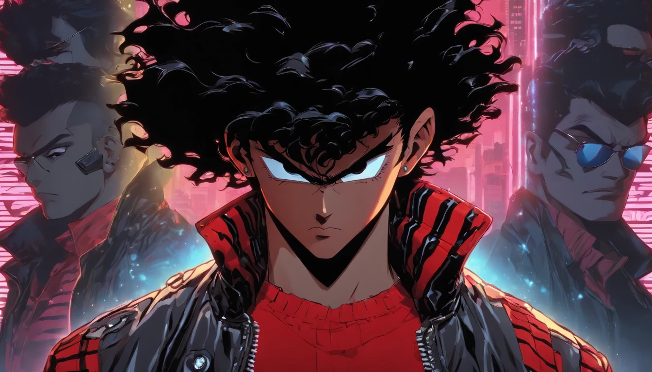 akira, age boy, cool, wearing sunglasses, retrowave, standing infront of a sportscar parked diagonally to his character, hands in pocket, wearing leather black jacket with red stripes, has one hand in pocket, black hair, gray monotone background with crytals