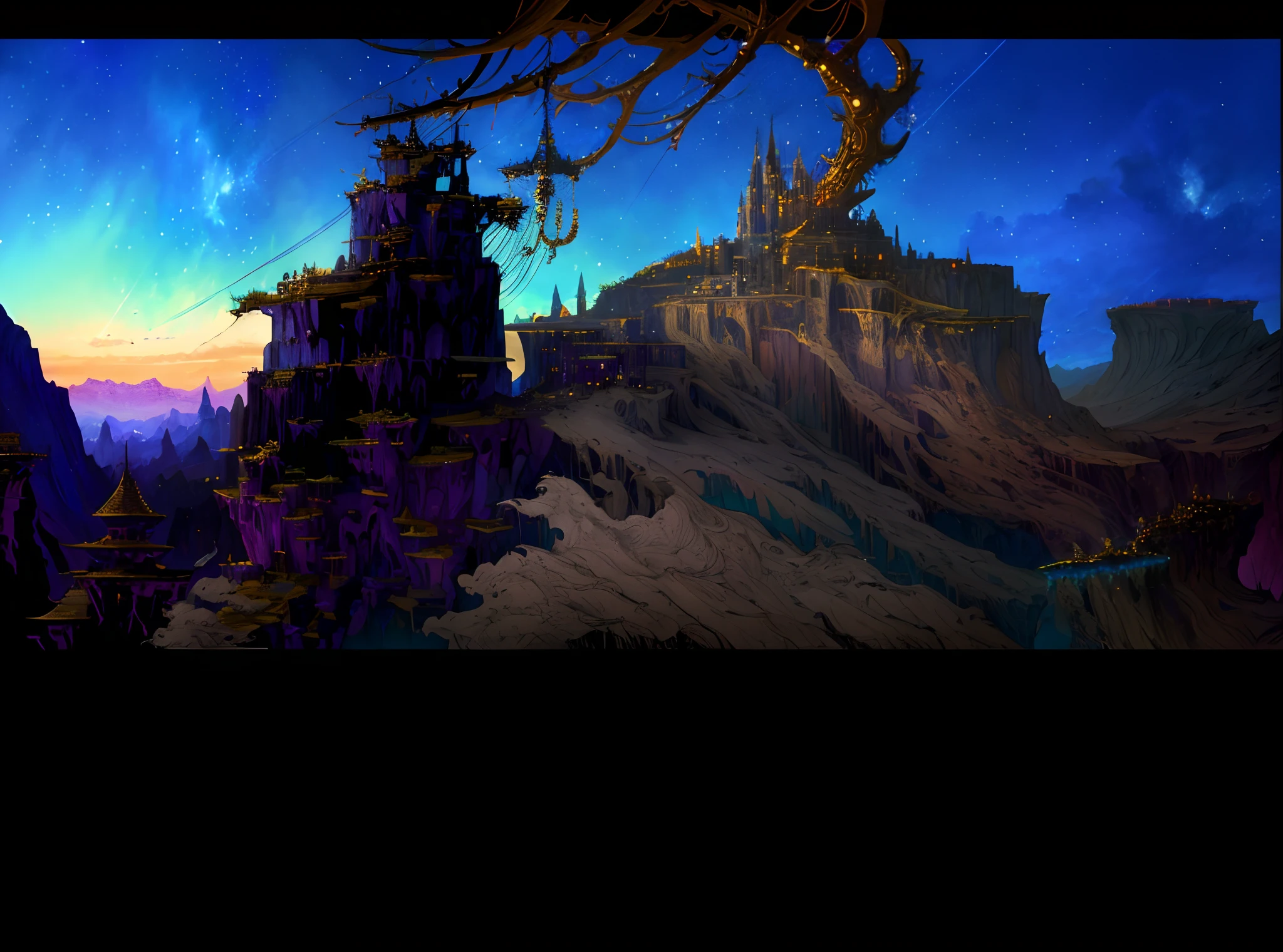 Loom, loom game background, starry night sky with stars and mountains reflected in a lake, 4k highly detailed digital art, 8k stunning artwork, 4k detailed digital art, 8k high quality detailed art, dan mumford and albert bierstadt, epic fantasy sci fi illustration, anton fadeev and dan mumford, sci-fi fantasy wallpaper, impressive fantasy landscape, 8k hd wallpaper digital art